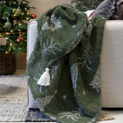Plaid i gr�n med hvide juletr�er |�Chic Antique