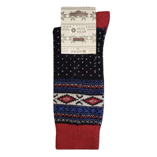 Uldsokker l Nr 17 l med snefnug l 60% uld l Rd l 