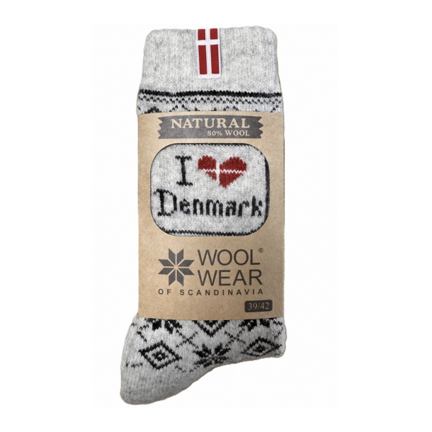 Uldsokker l Style 108 l I Love Denmark l 80% uld l m dansk flag l 