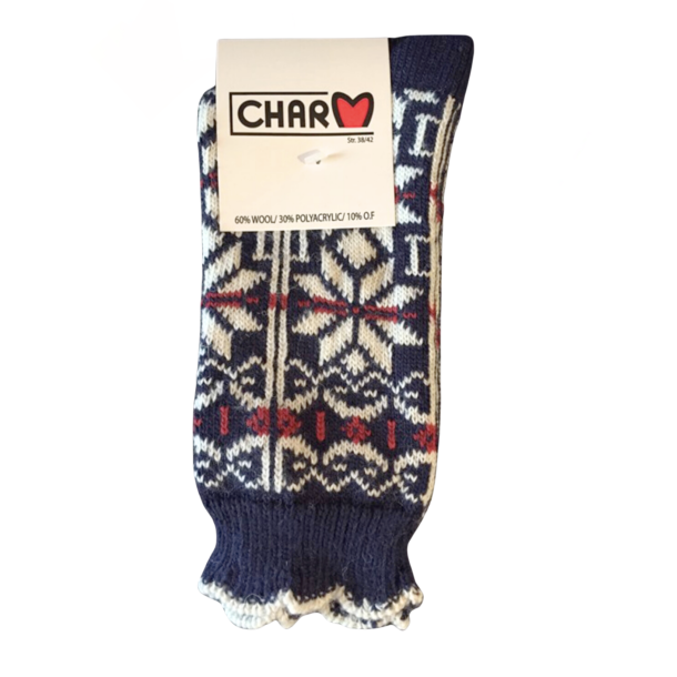 Uldsokker l Style Nr 17 l Mrke bl l med snefnug mnster l 60% Uld l 